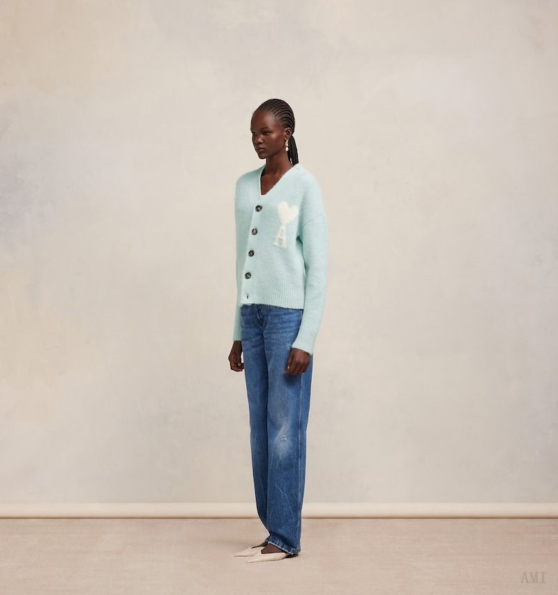 Knitwear Ami Paris Cloudy Laine Ami de C?ur Cardigan Turquoise Blanche Femme | AQF-57746973